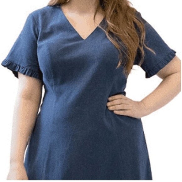 Marée Pour Tio V-Neck Ruffle Trim Short Sleeve Knee Length Dress Viscose Linen - Picture 15 of 15